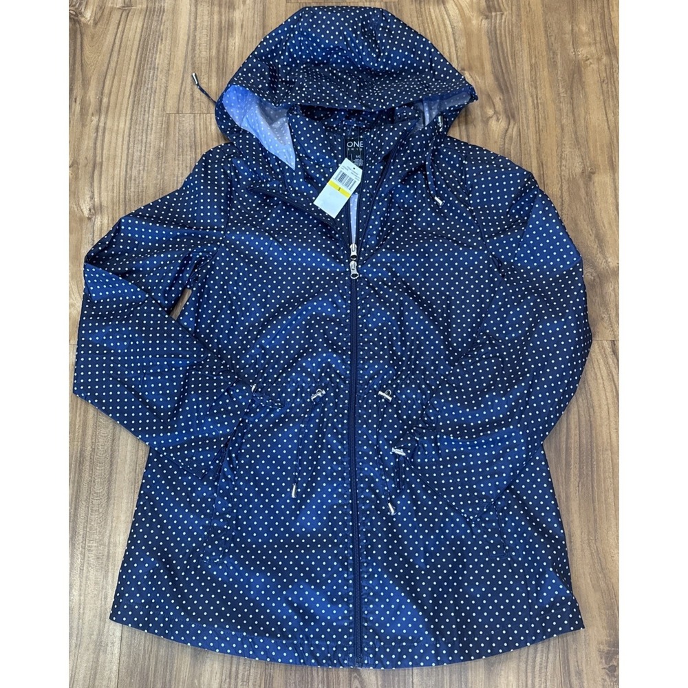 Jones New York Rain Coat Jacket Womens Small Navy Blue White Polka Dots NEW NWT